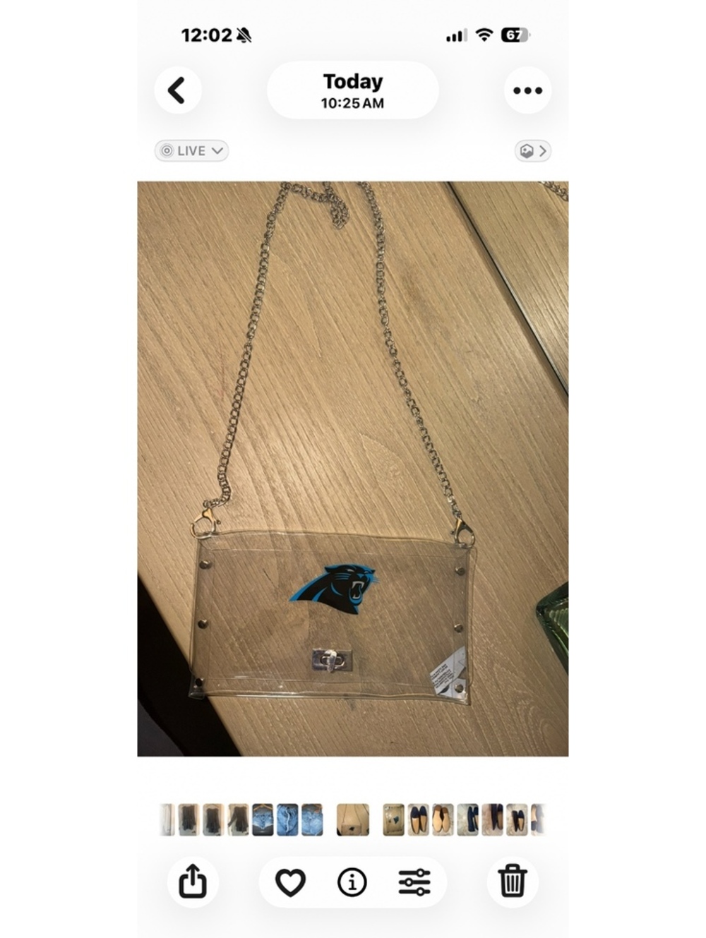 Clear Carolina Panthers Logo Crossbody Bag with Silver Chain Strap